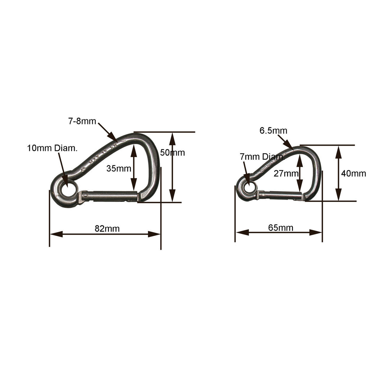 Stainless Steel Fixed Eye Carabiners - LG/SM - Technical